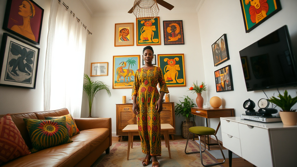 Vibrant African fashion designs on the runway with dramatic stage lighting